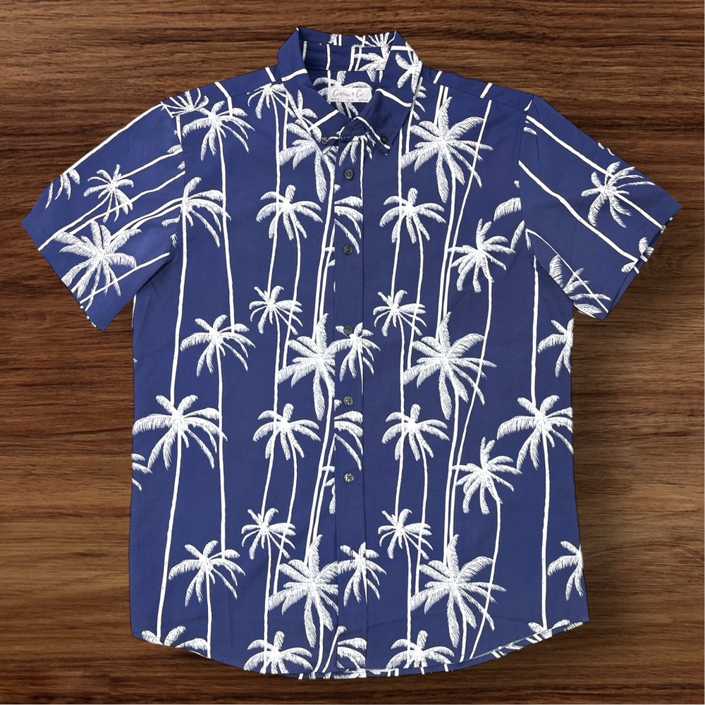 Cotton & Co. Men’s Navy Blue Tropical Palm Tree Shirt. Size Medium - Picture 2 of 7
